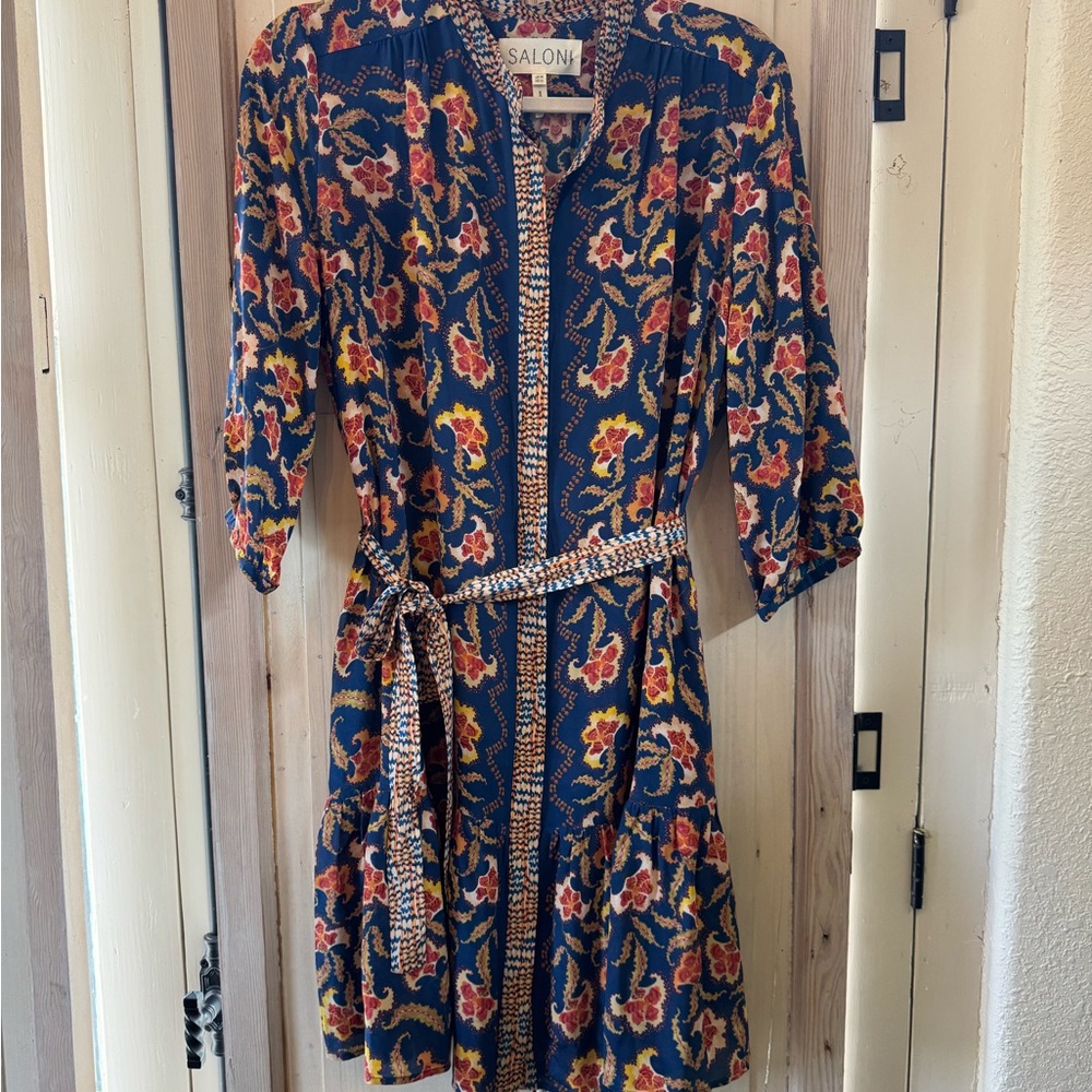 100% silk SALONI Navy Floral Tie-Waist Midi Dress